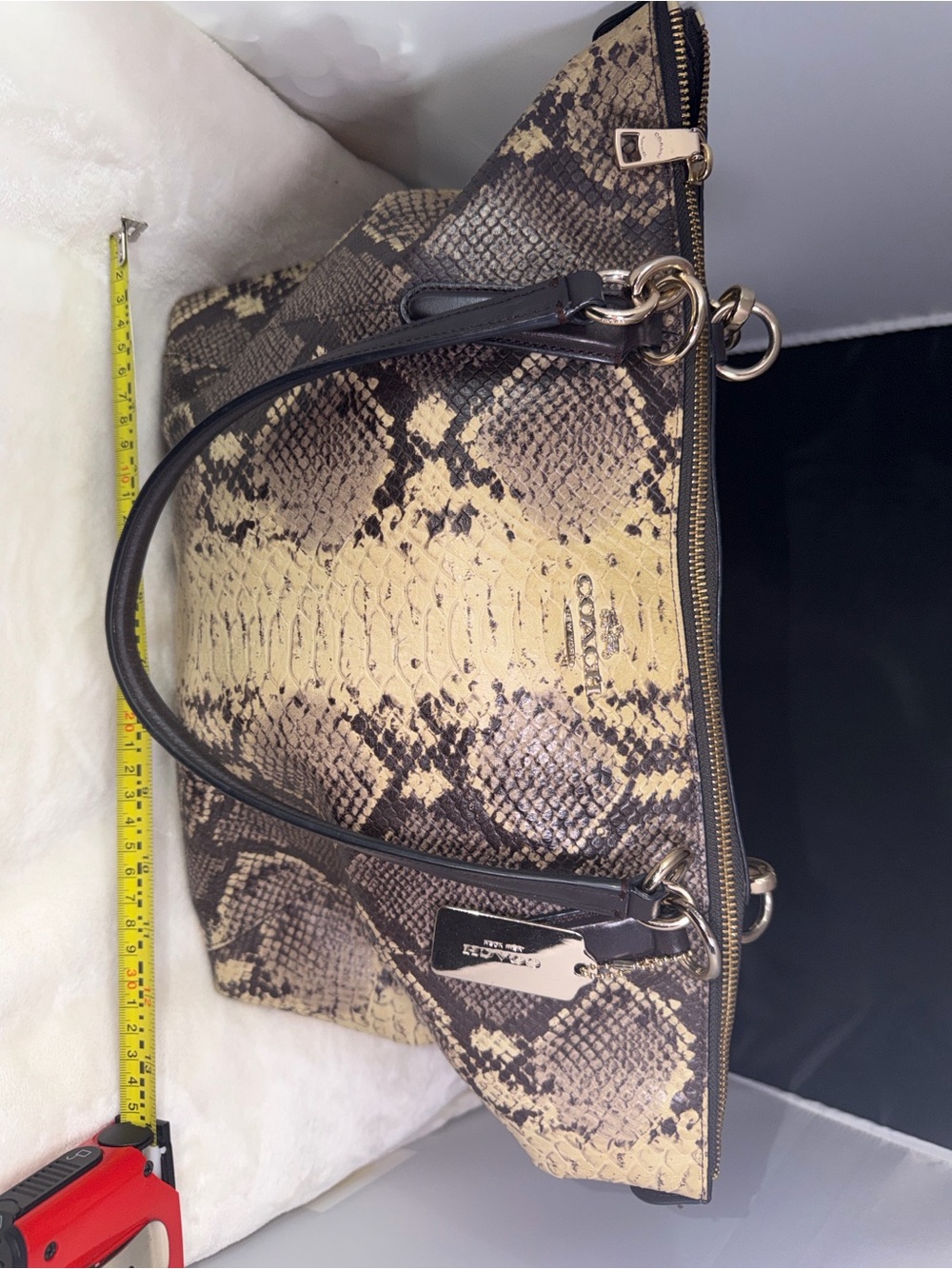 Coach Snake Print Satchel Handbag Brown Tan Leather Trim Gold Hardware - Picture 2 of 15